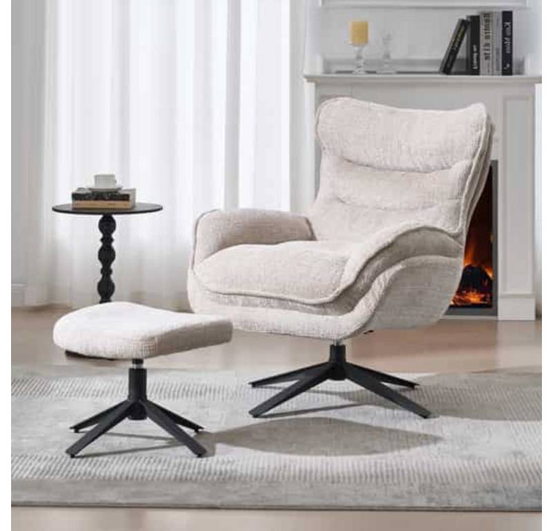 LebensWohnArt Sessel Drehbarer Loungesessel HEAVEN champagner-beige Strukturstoff von LebensWohnArt