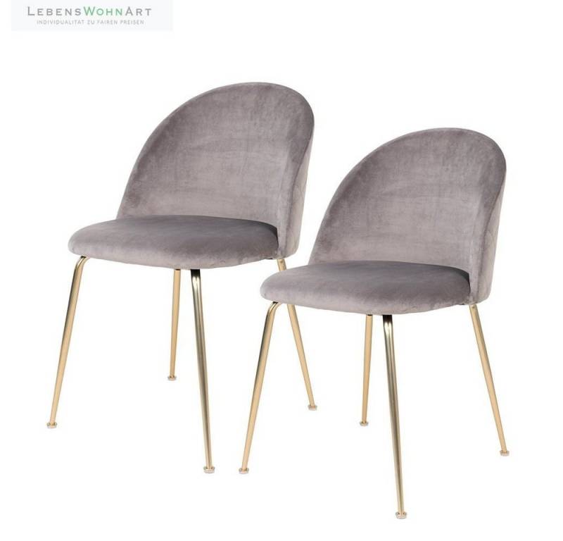 LebensWohnArt Stuhl 2er-Set Eleganter Stuhl GENF grau Samt - Beine in Messing-Look von LebensWohnArt