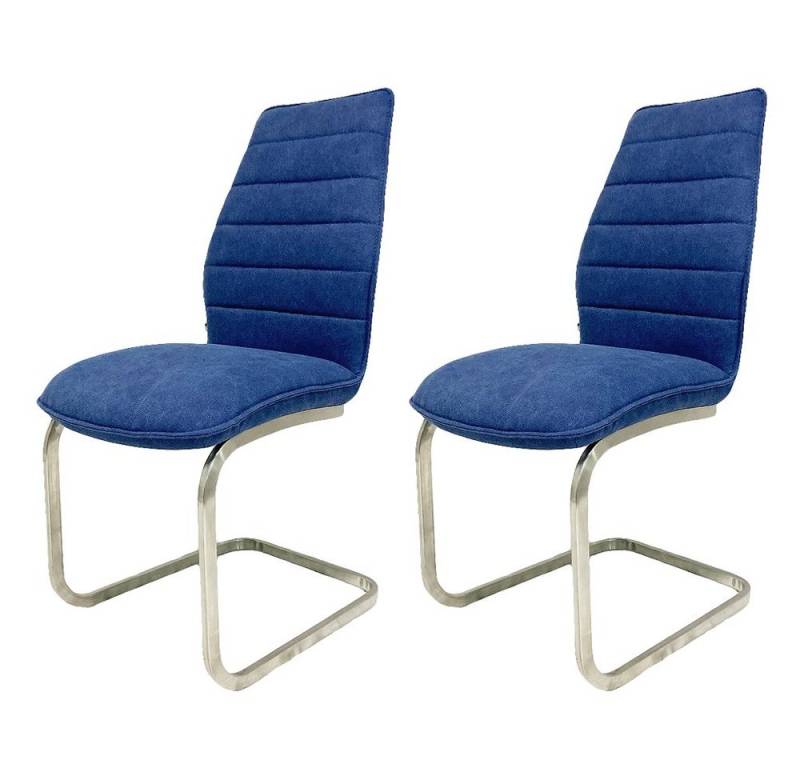 LebensWohnArt Stuhl 2tlg. Set Freischwinger BOSTON Blau Edelstahl-Gestell von LebensWohnArt