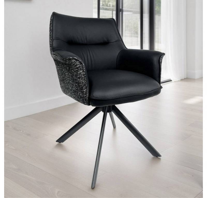 LebensWohnArt Stuhl Drehbarer Echtleder Stuhl GEORGE schwarz mit Armlehne Strukturstoff von LebensWohnArt