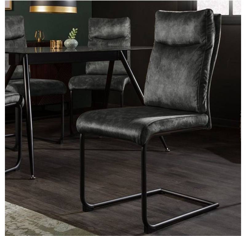 LebensWohnArt Stuhl Eleganter Freischwinger Stuhl COMODO Samt grün mit Griff von LebensWohnArt