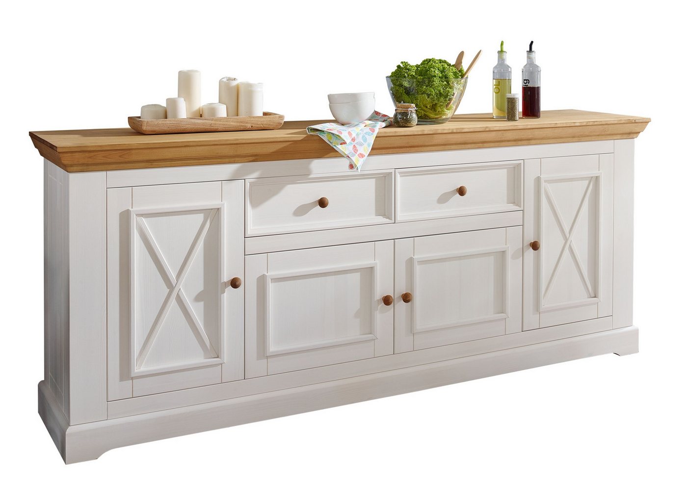 Lebenswert Sideboard WZ-0133 (BxHxT: 209x82x42 cm), aus Kiefer massiv in weiß mit einer Schublade und 4 Türen von Lebenswert