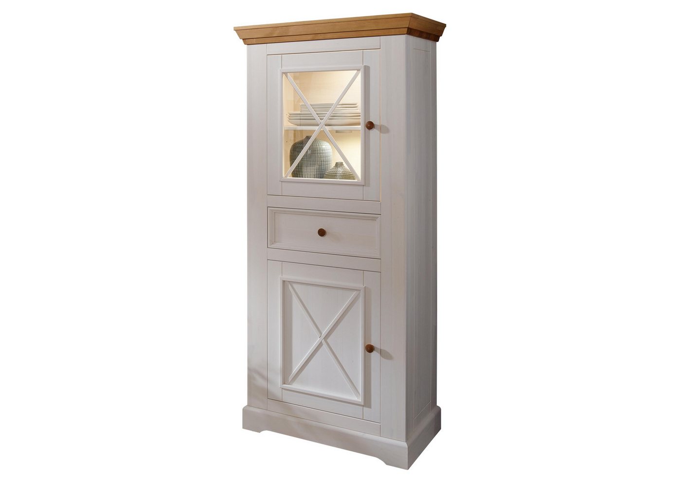 Lebenswert Vitrine WZ-0133 (BxHxT: 79x177x42 cm) aus Kiefer in weiß mit einer Schublade und 2 Türen von Lebenswert