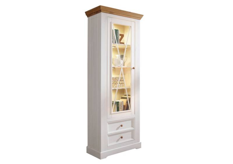 Lebenswert Vitrine WZ-0133 (BxHxT: 79x214x42 cm) aus Kiefer massiv in weiß mit 2 Schubladen und einer Tür von Lebenswert