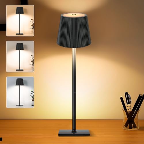 LED Tischlampe, Kabellos Mit Touch, 5200 mAh, 3 Farbtemperaturen, Höhenverstellbar, Nachttischlampe, Leselampe, Campinglampe, Tischleuchte, Akku Lampe, IP54 Wasserdichte Outdoor Lampe, Schwarz. von Lebenwell