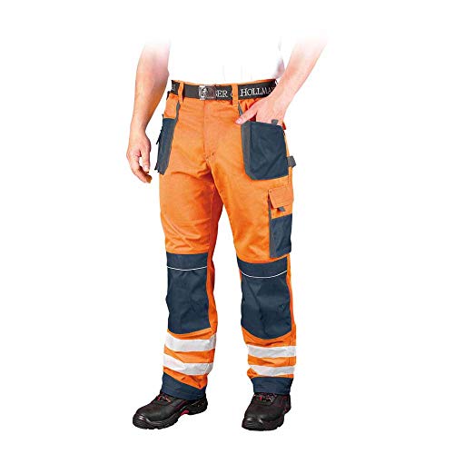 Leber&Hollman Herren Arbeitshose LH-FMNX-B, 100% Polyester 270 g/m2, Taschen für Knieschoner, reflektierende Streifen an den Hosenbeinen LH-FMNX-T_PGS54 Orange-dunkelblau-grau 54 von Leber&Hollman