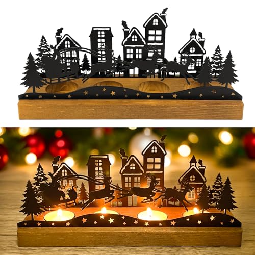 Kerzenhalter Adventskranz, Kerzenteller Adventskranz Metall Schwarz mit Kerzenständer Holz für 4 Teelichter, Adventsleuchter für Weihnachtsdeko Tisch Adventsdeko. von Leboria