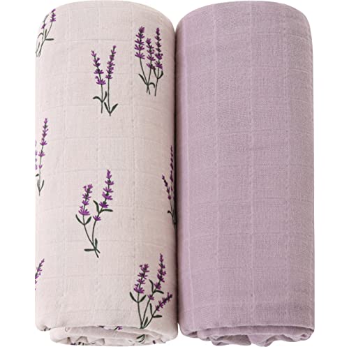 LifeTree Baby Musselin Swaddle Decke Tücher - 2 Stück 120x120cm Bio Baumwolle Baby Pucktücher für Junge und Mädchen, Lavendel Mauve von Lebze