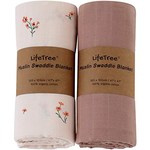 LifeTree Baby Musselin Swaddle Decke Tücher - 2 Stück 120x120cm 100% Bio Baumwolle Baby Pucktücher für Junge und Mädchen von Lebze