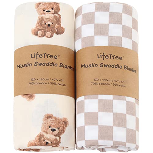 LifeTree Baby Pucktuch Musselin Tuch, 2 Stück 120x120cm Musselin Swaddle Decke Baby Bambus Baumwolle Swaddle Wrap für Junge und Mädchen, Bär & Kariert von Lebze
