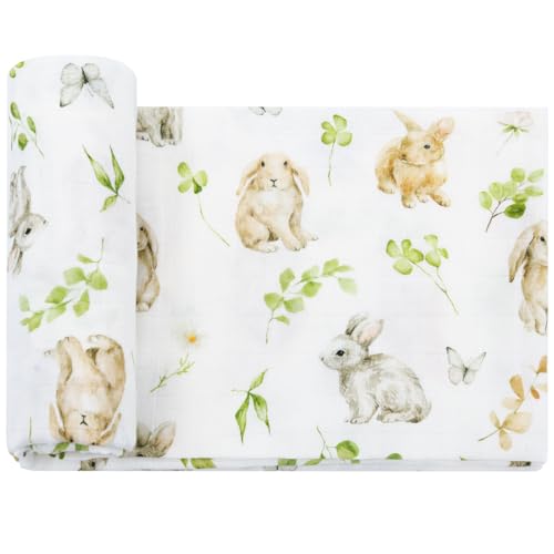 LifeTree Baby Pucktuch Musselin Tuch, Große 120x120cm Musselin Swaddle Decke Baby Bambus Baumwolle Swaddle Wrap für Junge und Mädchen Neugeborene, Blattkaninche Design von Lebze