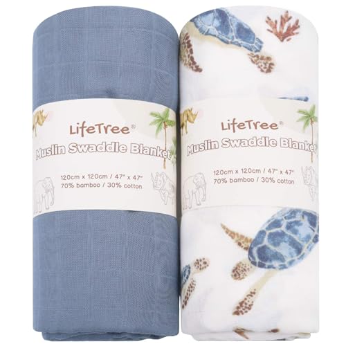 LifeTree Baby Pucktücher aus Baumwolle und Bambus, Musselin Tuch Decke 120x120cm Mullwindeln Baby Swaddle Decke Tücher für Junge und Mädchen, Meeresschildkröte und Nebelblau LifeTree Baby Pucktücher aus Baumwolle und Bambus, Musselin Tuch Decke 120x120cm Mullwindeln Baby Swaddle Decke Tücher für Junge und Mädchen, Meeresschildkröte und Nebelblau von Lebze