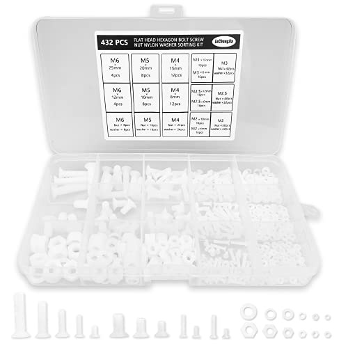 432 St ck Flachkopf-Sechskantschrauben Muttern Nylon Unterlegscheiben Sortierset mit einer Kunststoff-Box M2 M2.5 M3 M4 M5 M6 (wei) von Lechengjia
