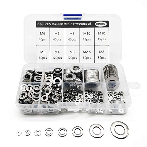 630 Stück große Flach Unterlegscheiben Set, Edelstahl Beilagscheiben, Sicherungsscheiben Sortiment Kit, Metall Scheiben Muttern, 15 Größen M2/M2.5/M3/M4/M5/M6/M8/M10 von Lechengjia