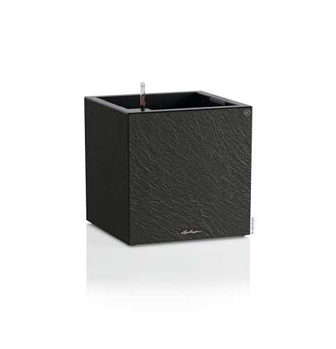 LECHUZA-Pflanzgefäß Canto Slatestone 40 Low Dark Grey, Pflanzgefäß mit Bewässerungssystem, Wasserstandsanzeiger und Pflanzeinsatz, Schiefer-Optik, 40 x 40 x 40 cm, 15951 von Lechuza