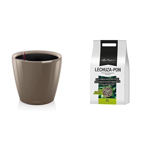 Lechuza 16065 Classico Premium LS 35 Herausnehmbarer Pflanzeinsatz mit patentiertem Griffrahmen, Taupe Hochglanz, Hochwertiger Kunststoff+ PON 12L Pflanzsubstrat, Neutral von Lechuza