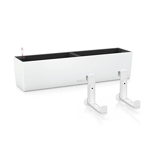 Lechuza Selbstbewässernder Topf BALCONERA Farbe 80 Weiß Kunststoff Balkon Pflanzer für Geländer H19 L80 B19 cm Bündel mit weißen Balkonhalterungen von Lechuza