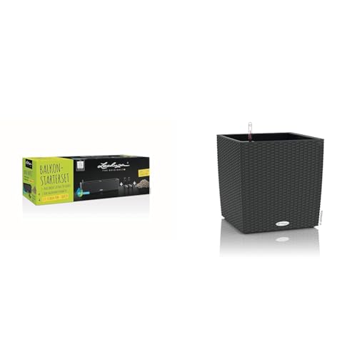 Lechuza BALCONERA Starter Set (1x BALCONERA Cottage 80 Granit + 1 x Balkonkastenhalter schwarz + 12 L PON (gratis PON)) & Cube Cottage 30 Granit 15372 von Lechuza