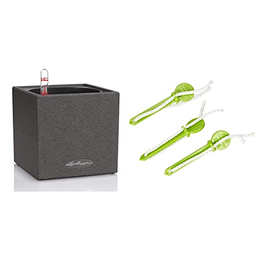 Lechuza CANTO Stone 14 hochwertiger Kräuterwürfel mit Stick-Bewässerungssystem, graphitschwarz & 3er Set Bewässerungsstick von Lechuza