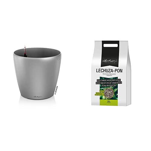 Lechuza Classico Premium 35 LS hochwertiges Pflanzgefäß mit ERD-Bewässerungs-System, Silber metallic+ PON 12L Pflanzsubstrat, Neutral von Lechuza