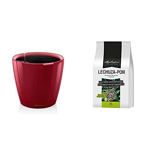 Lechuza "Classico Premium LS 21" Pflanzgefäß mit ERD-Bewässerungs-System, Scarlet Rot Hochglanz, 21 x 21 x 20 cm+ PON 3L Pflanzsubstrat, Neutral von Lechuza