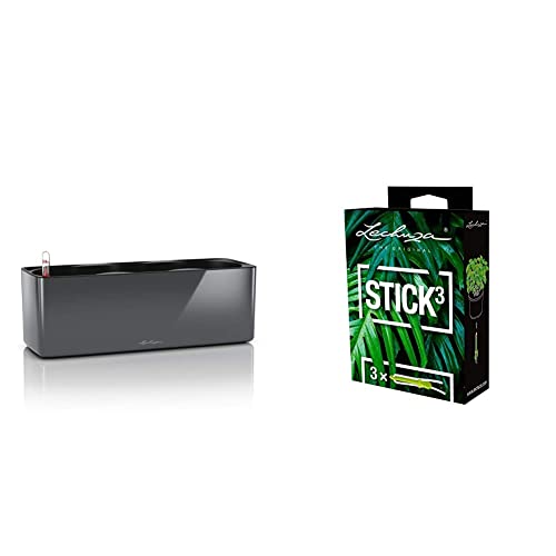 Lechuza Cube Glossy Triple, Anthrazit, Lackierte Oberfläche, Hochwertiger Kunststoff, Stick-Bewässerungssystem, Für Innenbereich, 13671 & 3er Set Bewässerungsstick von Lechuza