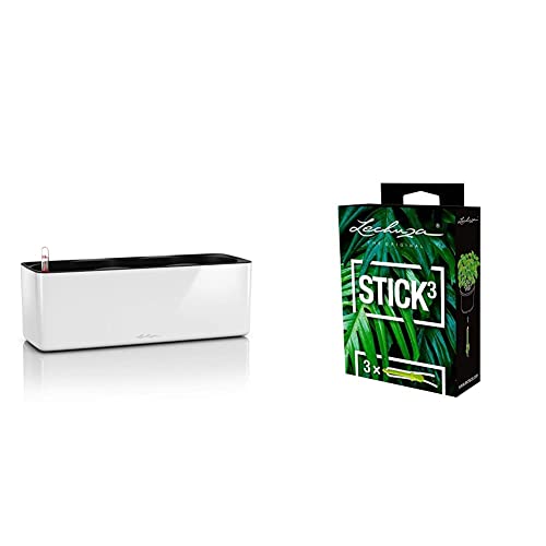 Lechuza Cube Glossy Triple, Weiß, Lackierte Oberfläche, Hochwertiger Kunststoff, Stick-Bewässerungssystem, Für Innenbereich, 13670 & 3er Set Bewässerungsstick von Lechuza