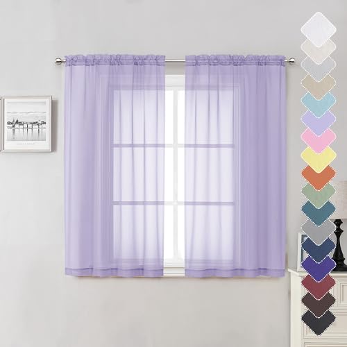 Lecloud Durchsichtige Küchenvorhänge, Lavendel, 137 cm Länge, 2 Paneele, Doppelstangentaschen, Fenster, Wohnzimmer, Hellviolett, Balance-Licht und Privatsphäre, solider Voile-Vorhang für von Lecloud