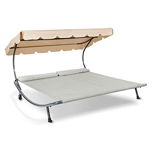 LECO Outdoor-Doppelliege Original – Sonnenliege, Gartenliege mit Sonnendach für zwei Personen wetterfest - Gestell natur von Leco