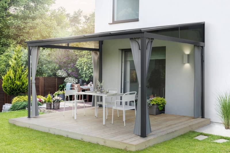 Leco Anbaupavillon Terrassenüberdachung Melanie - ca. 12 m2 frei nutzbare Fläche, mit 4 Seitenteilen, (inklusive Polyester Seitenteilen in lichtgrau), freistehend 3 x 4 m von Leco