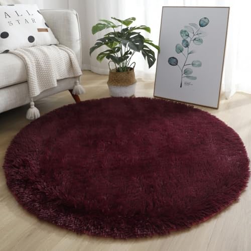 Großer, zotteliger Teppich, waschbar, rutschfest, zottelig, weicher Samt-Flor, rutschfeste Unterseite, für Wohnzimmer und Schlafzimmer, Kinder und Haustiere (80 cm, Weinrot) von Lecreatekit