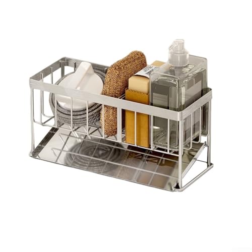 Küchenspüle aus Edelstahl mit speziellen Bereichen für optimale Organisation von Küchenartikeln (Schwammregal) von Lecreatekit