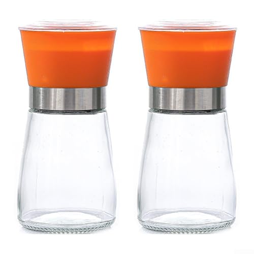 Manuelle Gewürzmühle aus Edelstahl, manuelle Mühle mit Glashalter, verstellbare Mahleinstellungen für Küche und Zuhause (kurz orange) von Lecreatekit