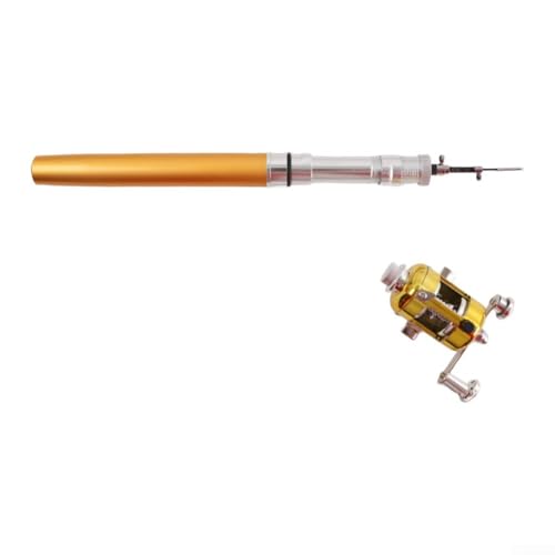 Tragbares Mini-Angelruten-Set, Fiberglas-Teleskop-Angelrute mit Spule, Übersetzungsverhältnis, zusammenklappbares Reiseruten-Set (goldfarben) von Lecreatekit
