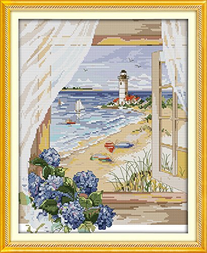 Leczany Kreuzstich-Set zum Selbermachen: komplettes Sortiment an vorgedruckten Startersets für Anfänger – Blick auf das Meer aus dem Fenster 42x51cm von Leczany