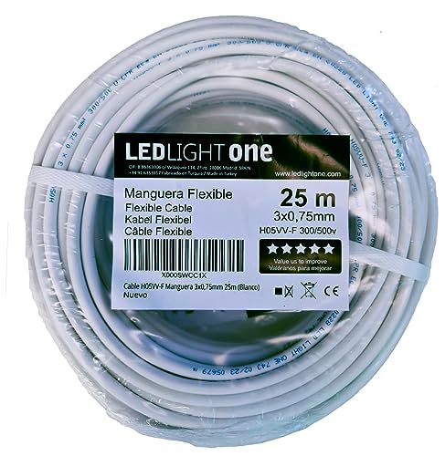 Kabel H05VV-F, mit Ummantelung 3 x 0,75 mm, 25 m (Weiß). Betriebsspannung: 500 V Maximale Betriebstemperatur 70 ºC. Kabel für feste und mobile Installationen in Wohn- und Geschäftsräumen. von Led Light One