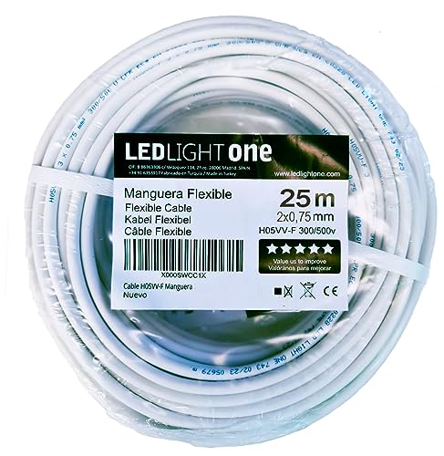 Led Light One Kabel H05VV-F Schlauch, 2 x 0,75 mm, 25 m (weiß), Betriebsspannung: 500 V, maximale Arbeitstemperatur 70 °C. Kabel für feste und mobile Installationen in Wohnräumen und Büros. von Led Light One