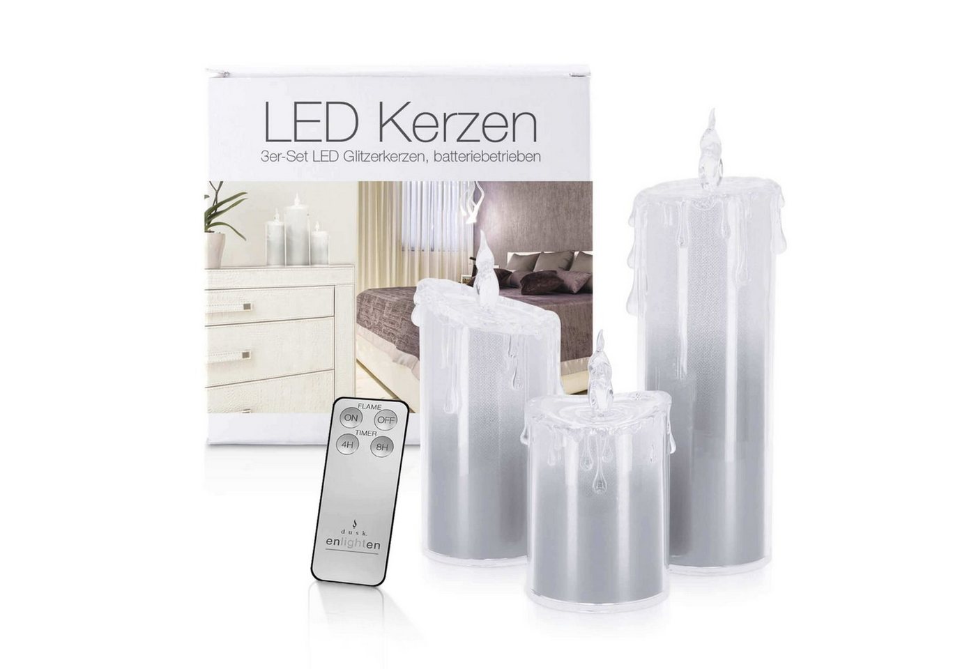 LED Universum LED-Kerze LED Acryl Glitzer Kerze Silber 3er Set"Liza" inkl. Fernbedienung und von Led Universum