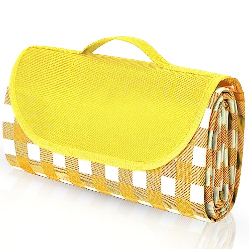 Ledeak Picknickdecke Wasserdicht, 150 x 200cm Stranddecke Sandfrei Picnic Blanket, Faltbar Waschbar Strandmatte Campingdecke mit Tragegriff für Draussen (Gelb) von Ledeak