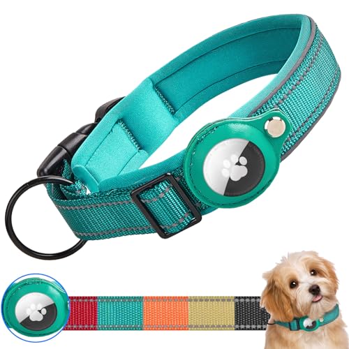 Ledeak Taktisches AirTag Hundehalsband, Wasserdicht Integriertes Apple AirTag Halter Reflektierendes Hunde Halsbänder, Gepolstertes Hundehalsband für Kleine, Mittlere und Große Hunde (Cyan, M) von Ledeak