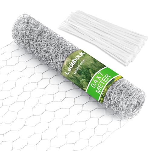 Ledebouk Kaninchendraht, 0.4 m x 7 m Drahtgeflecht, Hasendraht, 50 Kabelbinder, Drahtgitter Feinmaschig, Maschendraht Verzinkt, Dechseckgeflecht für Tierzaun, Gartenzaun und Heimdekoration von Ledebouk