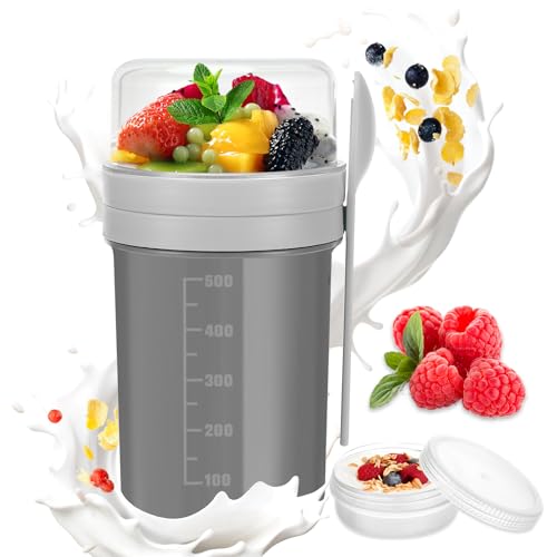 Ledebouk Müslibecher to Go,550ml+250ml Joghurtbecher Kinder, Yoghurtbecher To Go mit Löffel, Müsli Cup Cornflakes to Go Becher, Müslibox to Go, Porridge Becher to Go, Auslaufsicherer (Grau) von Ledebouk