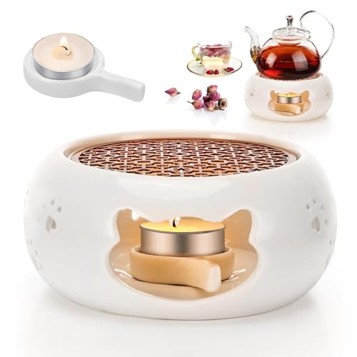 Stövchen für Teekanne Keramik, Teekannenwärmer mit Kerzenhalter und Herdmatte, Teewärmer Kaffeewärmer aus Keramik, Hohl Geschnitztes Design Porzellan Teewärmer zum Tee Milch Kaffee von Ledebouk
