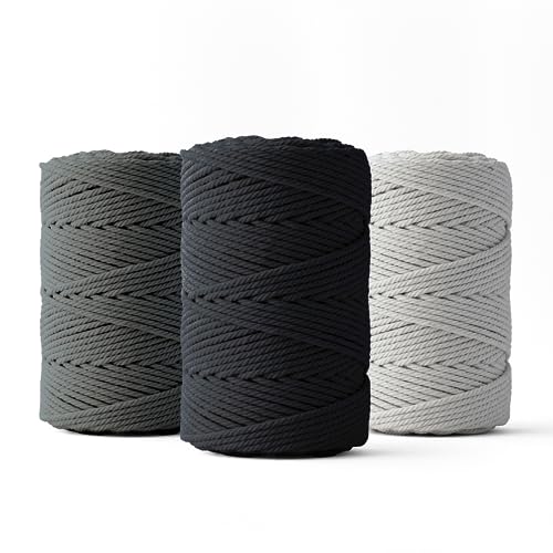 LEDENT Makramee Garn (2mm, 3 x 70M, Set mit 3 Farben: mausgrau, Graphit & schwarz) - Doppelt gedrehtes Seil aus 100% Recycelter Baumwolle zum Basteln von Ledent