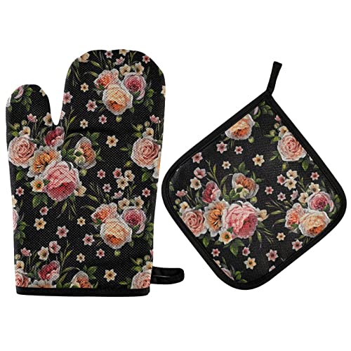 Handschuhe Und Topflappen-Set Blumen Ganz In Schwarz Kochhandschuhe Professionelles Topflappen Stylische Backhandschuhe Für Backen Küche Zubehör Kochen Handschuhe Und Topflappen-Set Blumen Ganz In Schwarz Kochhandschuhe Professionelles Topflappen Stylische Backhandschuhe Für Backen Küche Zubehör Kochen von Ledong Nixile Trading Co., Lt