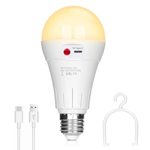 Ledronix USB-C Wiederaufladbar Glühbirne, 10W Batteriebetriebene E27 LED Lampen, Knopfsteuerung, Dimmbar, 2000mAh Batterie Glühbirne mit Haken für Notlicht Innen/Außen (Warmweiß 1 Pack) von Ledronix