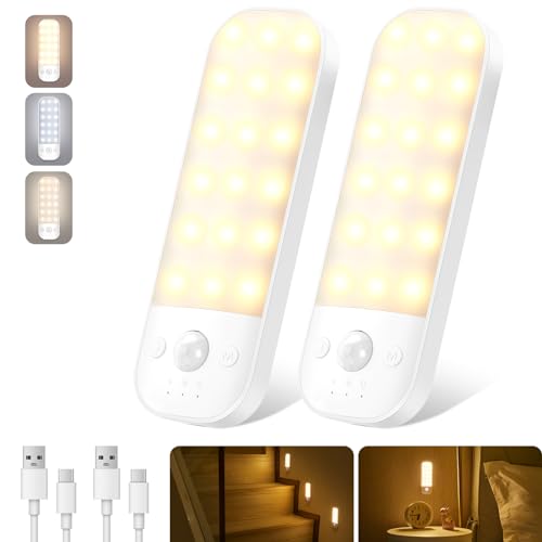 Nachtlicht mit Bewegungsmelder, [2 Stück] USB Wiederaufladbar LED Nachtlicht, mit 3 Modi, 3 Farbtemperaturen, Stufenlos Dimmbar, Abnehmbarem Schranklicht für Kinderzimmer, Flur, Treppe, Schlafzimmer von Ledronix