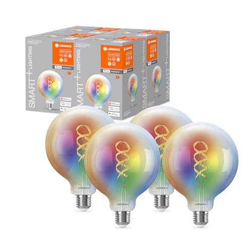 Bombilla LEDVANCE SMART+ WIFI LED, transparent, 4,8 W, 470 lm, Kugelform, 125 mm Durchmesser, E27-Sockel, mehrfarbiges und weißes Licht, einstellbar, App- oder Sprachsteuerung, 4er-Pack von Ledvance