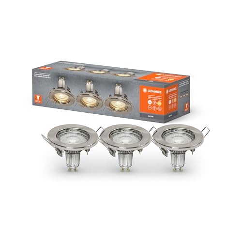LEDVANCE Einbaustrahler in gebürstetem Nickel inkl. wechselbarem 2,6 Watt GU10 Leuchtmittel, LED Spotleuchte, Lichtfarbe warmweiß (2700K), IP20, 3er-Pack von LEDVANCE
