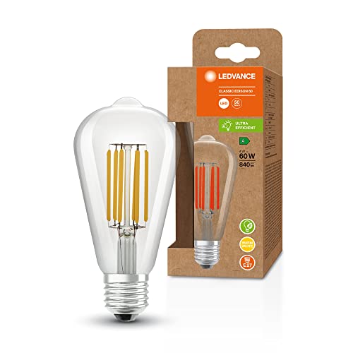 LEDVANCE LED Stromsparlampe, Filament Edison mit E27 Sockel, Warmweiß (3000K), 4 Watt, ersetzt herkömmliche 60W-Leuchtmittel, besonders hohe Energieeffizienz und stromsparend, 1er-Pack von Ledvance